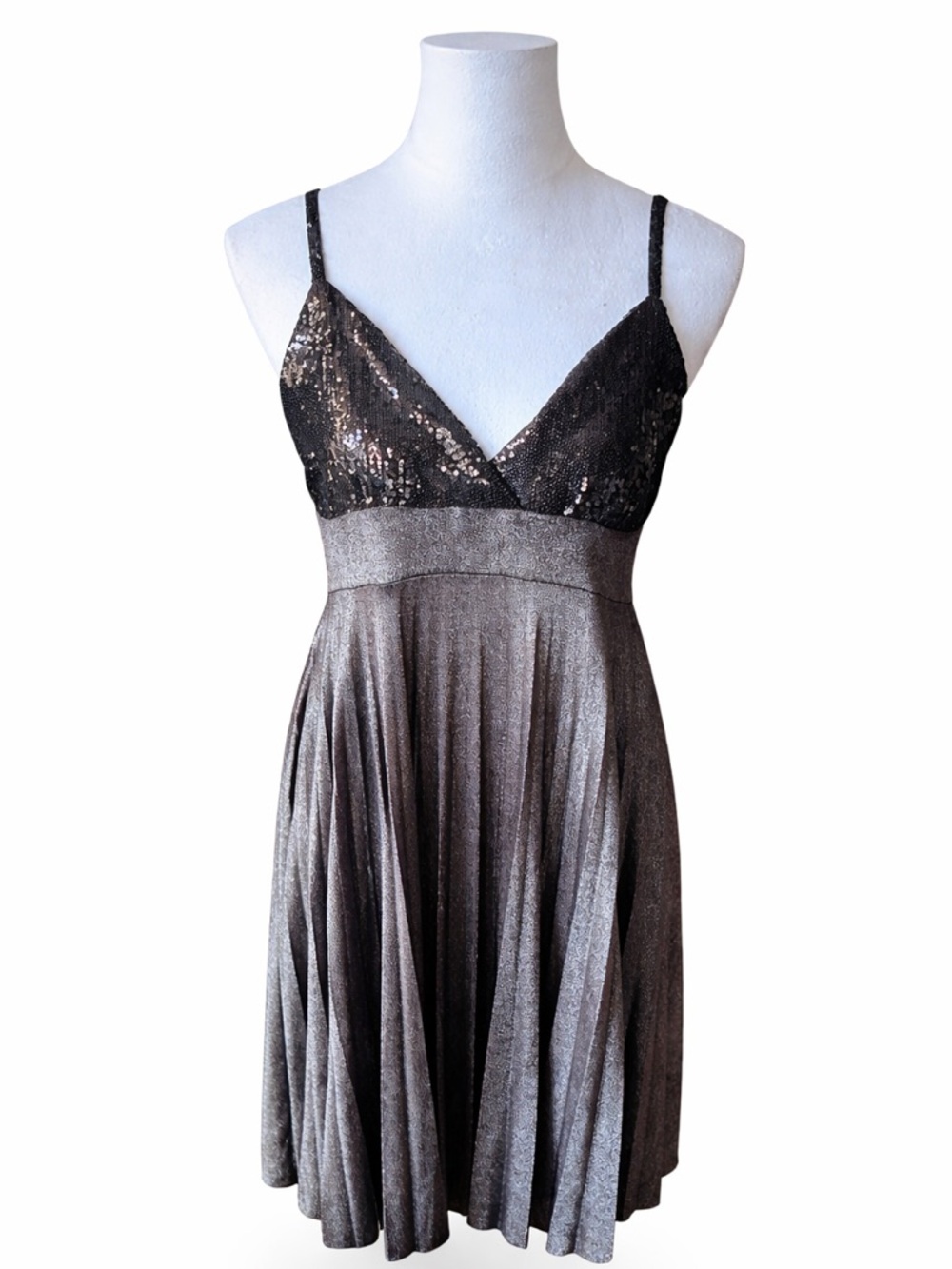 Y2K Silver Metallic Sequin Babydoll Mini Dress Pleated Party Slip S